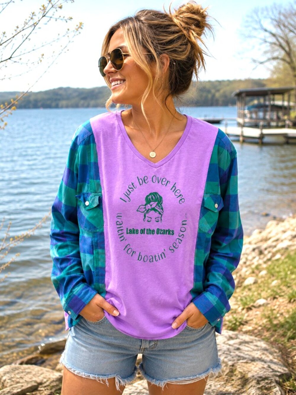 Lake of the Ozarks Flannel Shirt Upcycled Lightweight Boating Graphic Tee M-L